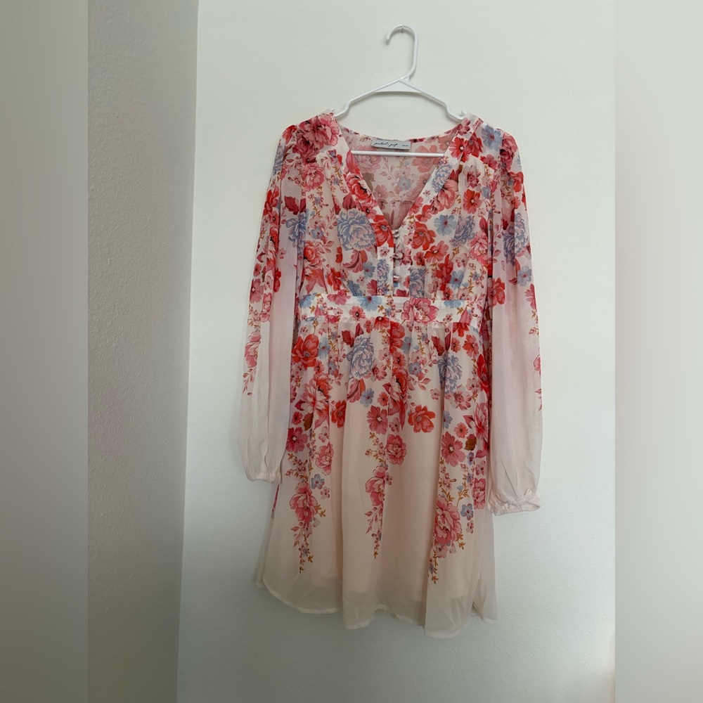 Petal & Pup Floral Long Sleeve Mini Dress in Ivory, Red, Blue